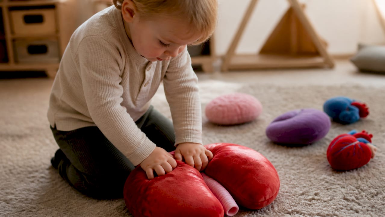 Toddler squeezing soft squishy lung toy