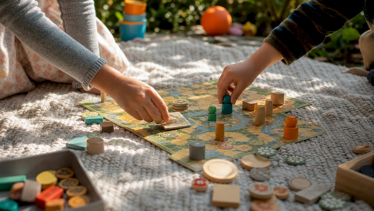 Hands of mixed-age children playing board game cooperatively