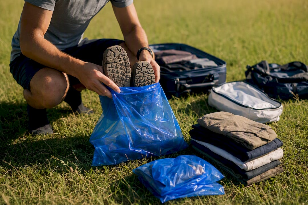 Hands placing shoes in protective bags