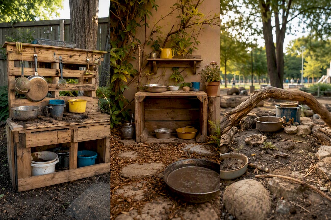 Varied mud kitchen setups outdoors