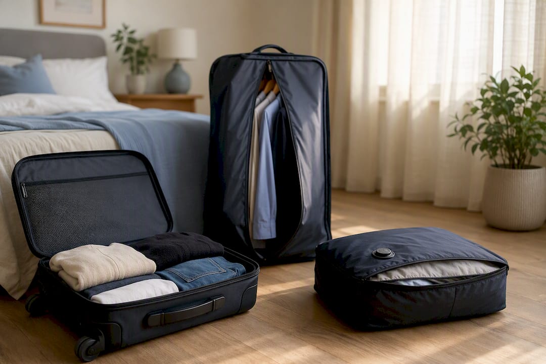 Overhead view of garment bag, suitcase, compression cube