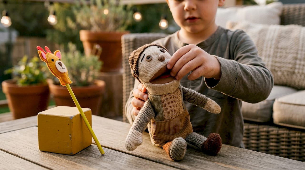 Child's hands manipulating textured puppet