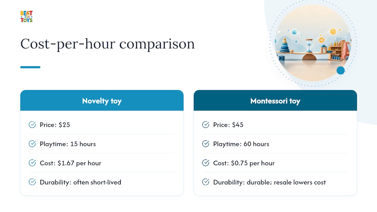 Cost per hour comparison chart of Montessori versus novelty toys
