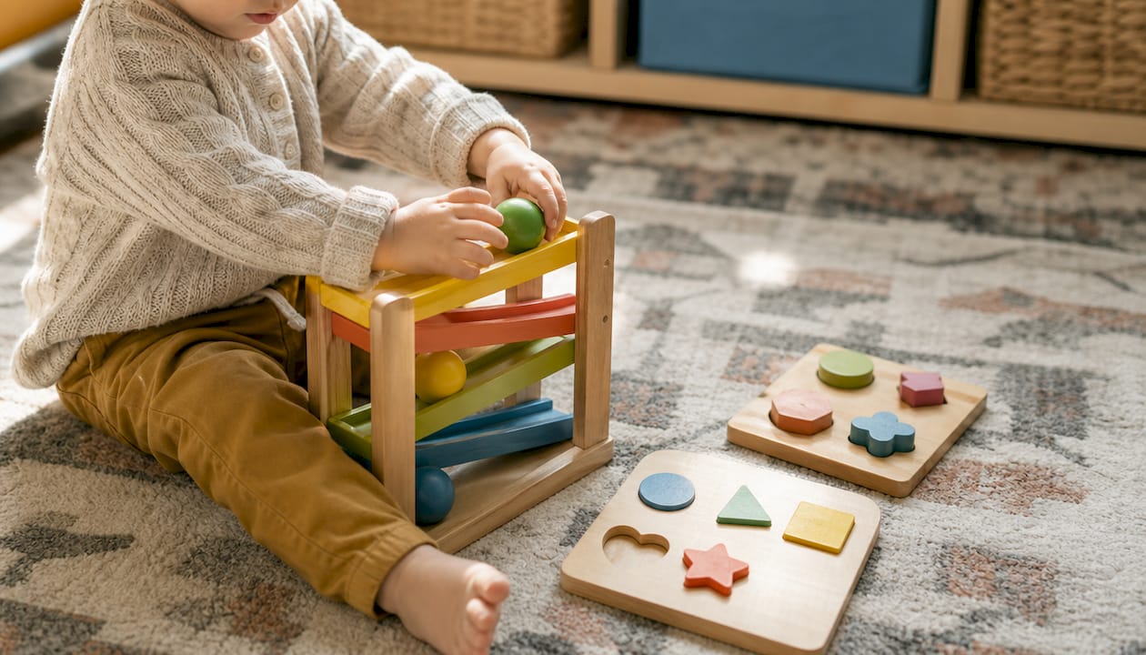Toddler hands playing with Montessori wooden toys