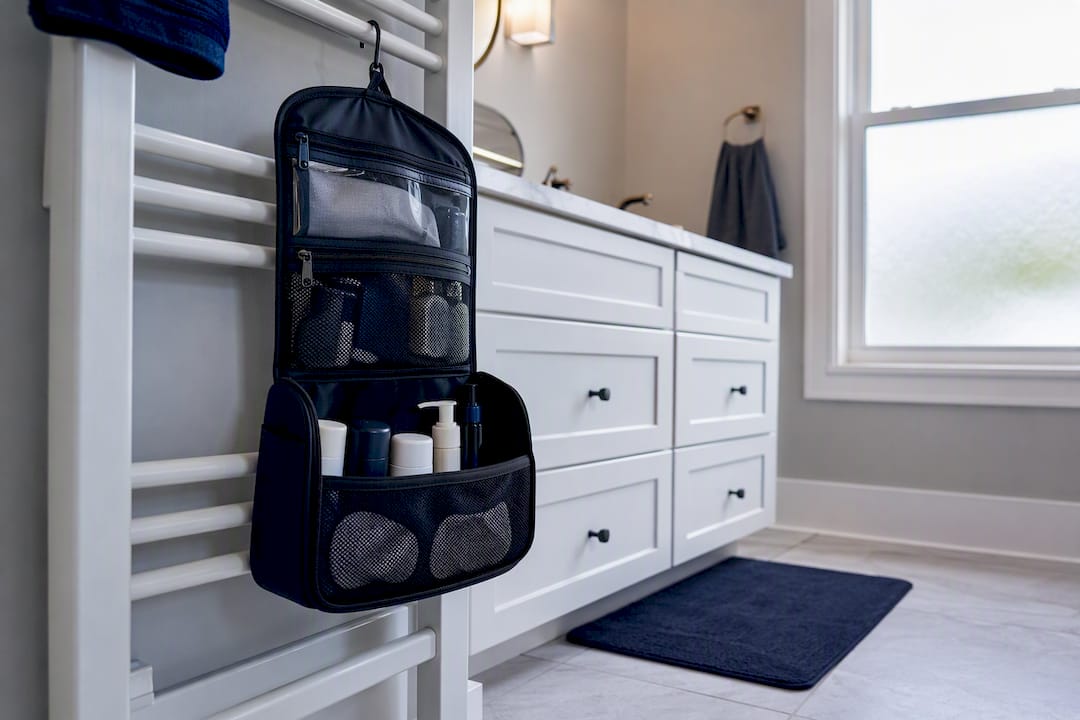 Hanging toiletry bag in hotel bathroom