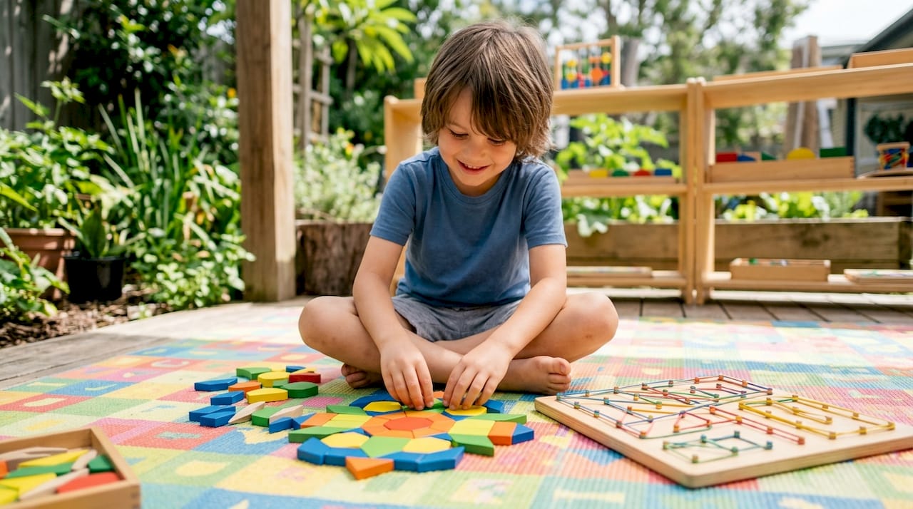 Hands arranging pattern blocks and geoboard