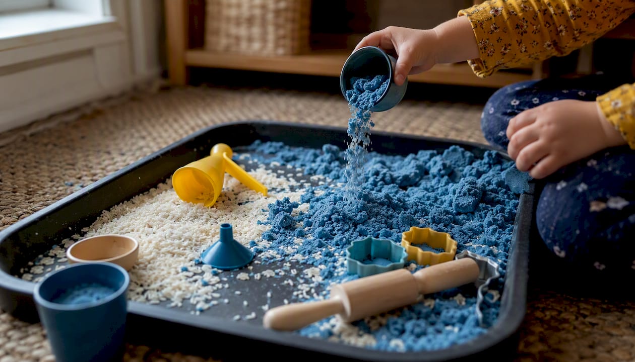 Child playing with rice and kinetic sand in sensory tray