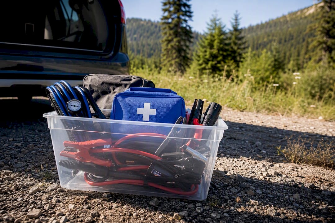 Emergency kit items in clear bin