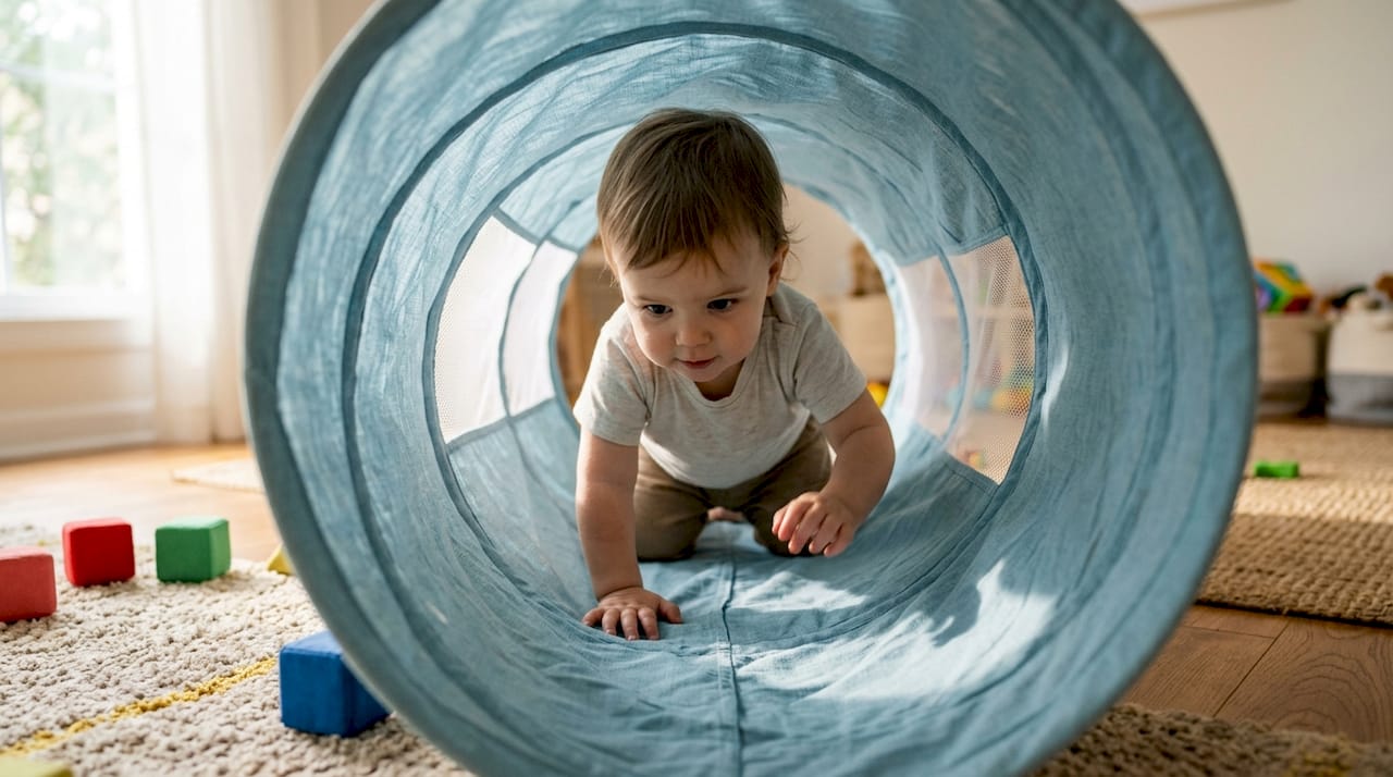 Child crawling through indoor play tunnel