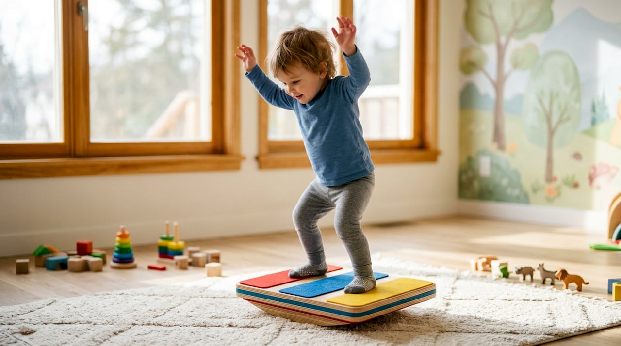 Toddler balancing on wobble board indoors