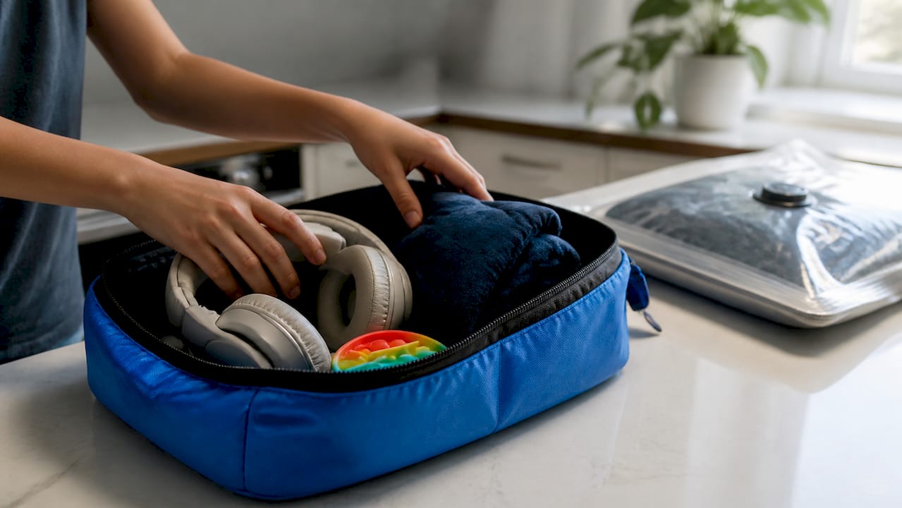 Child packing sensory comfort items into pouch