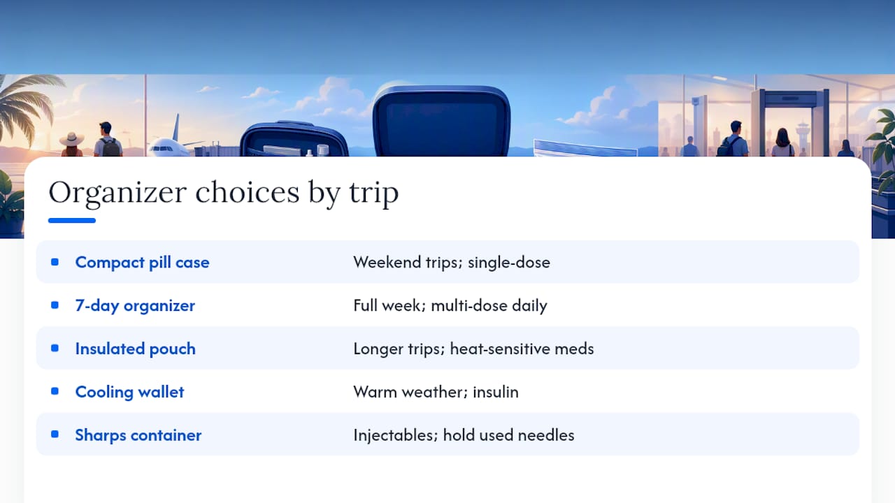 Travel medication organizer choices by trip need