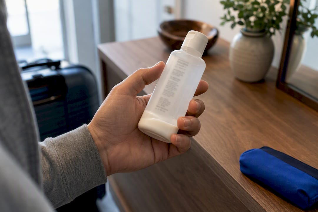 Traveler checking nearly empty lotion bottle