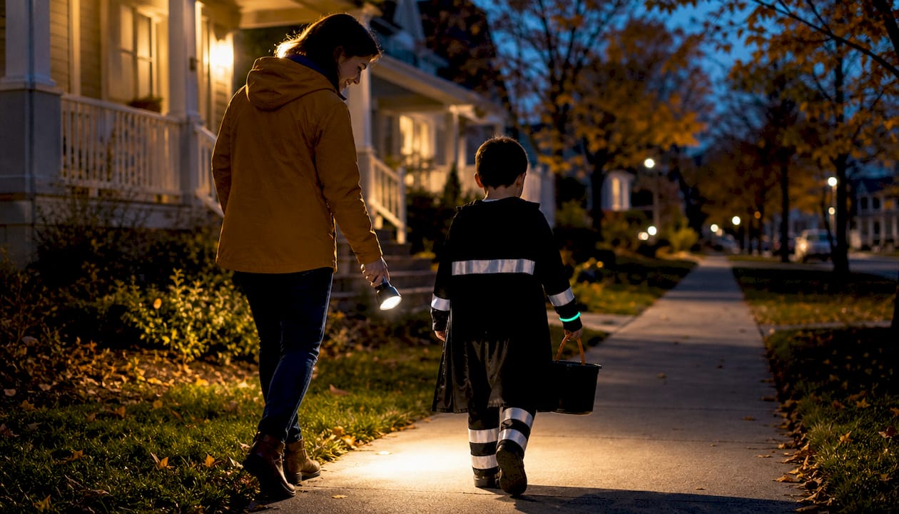 Child wearing reflective Halloween costume outdoors