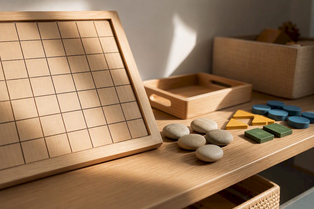 Hundred board beside tactile math materials