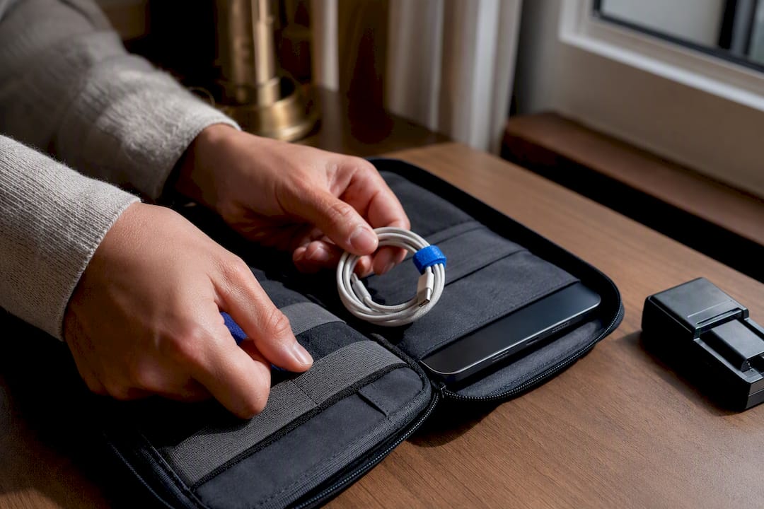Charging cables organized beside tablet edge