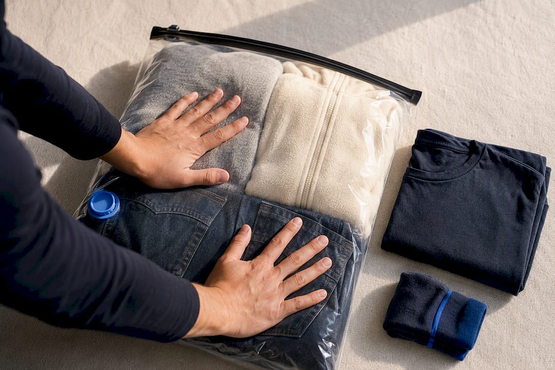 Hands compressing bulky travel clothes