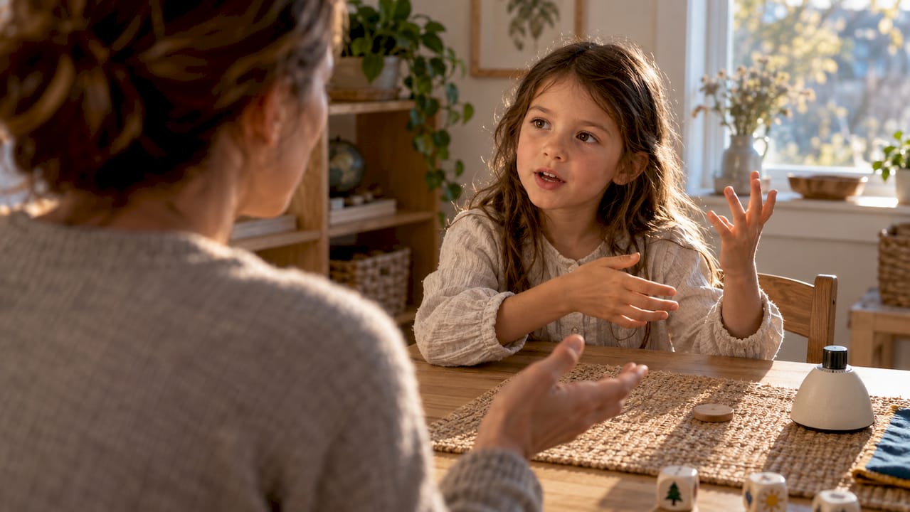 Parent and child during story dice lesson