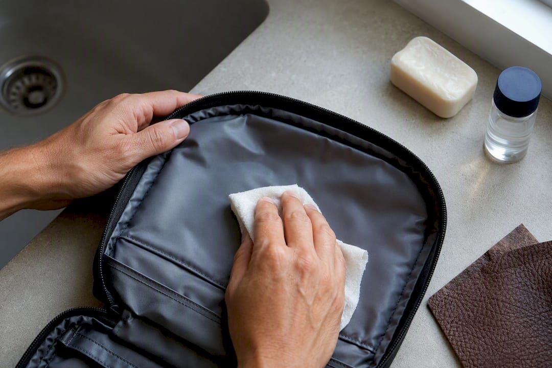Hands wiping a toiletry bag lining clean