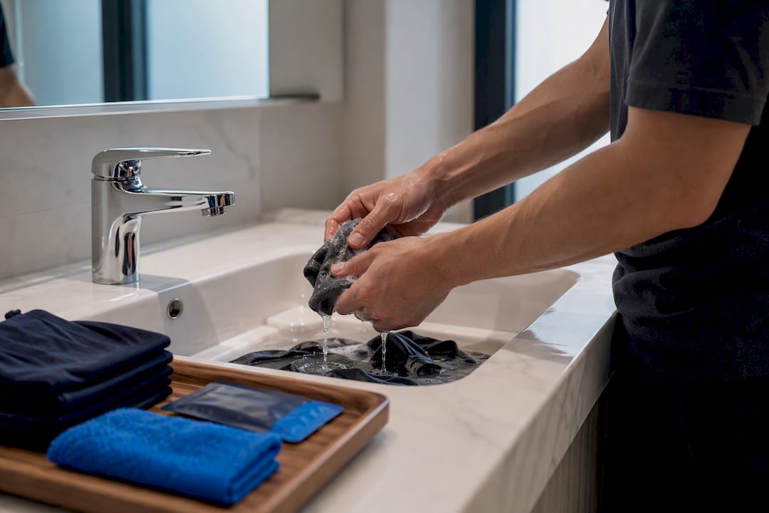 Traveler washing clothes in hotel sink