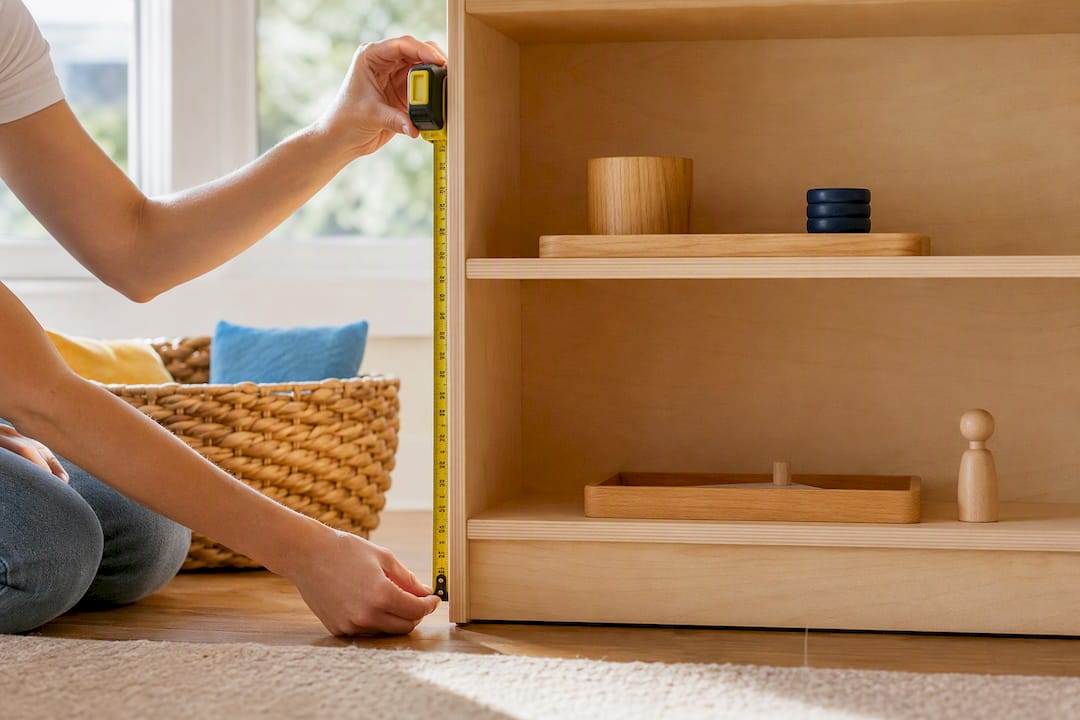 Measuring a child-height Montessori shelf