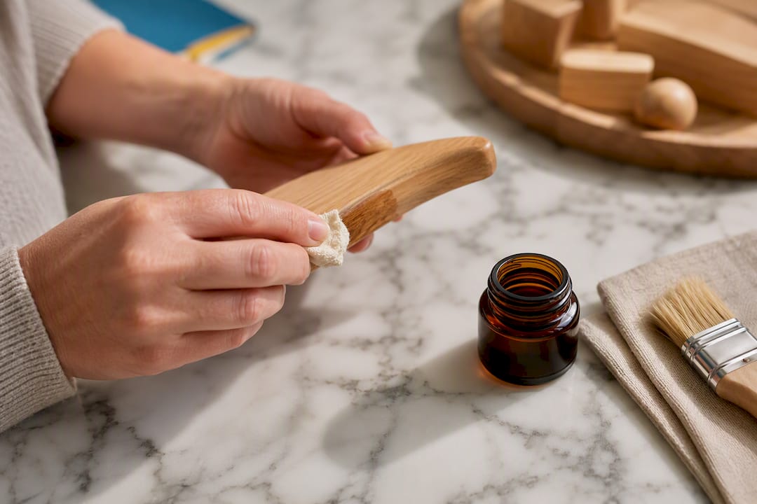 Testing oil on wooden toy grain