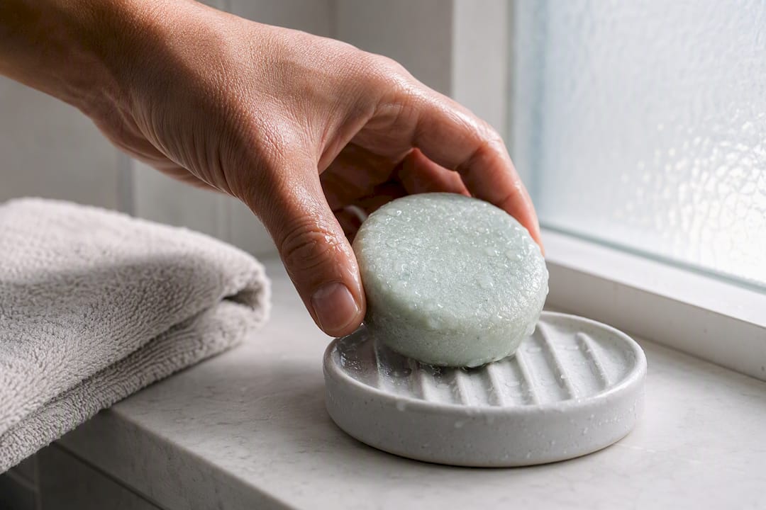 Shampoo bar drying on a slotted dish
