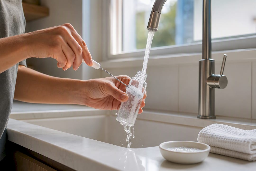 Traveler cleaning reusable travel bottle
