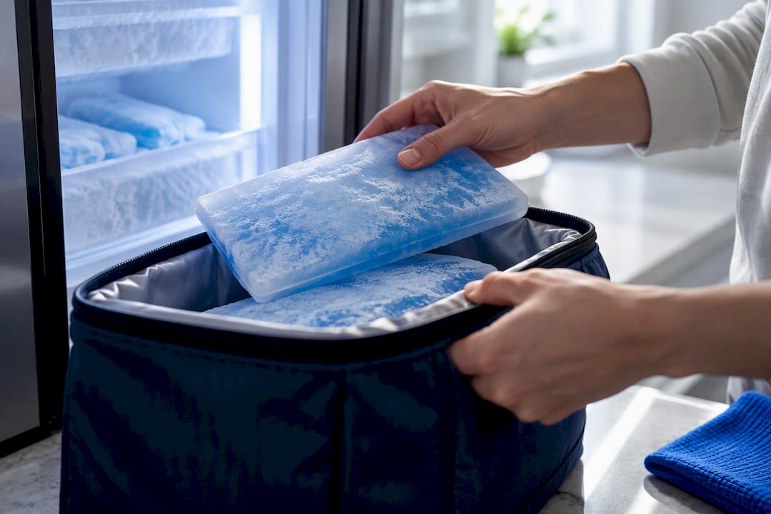 Frozen gel packs placed atop cooler