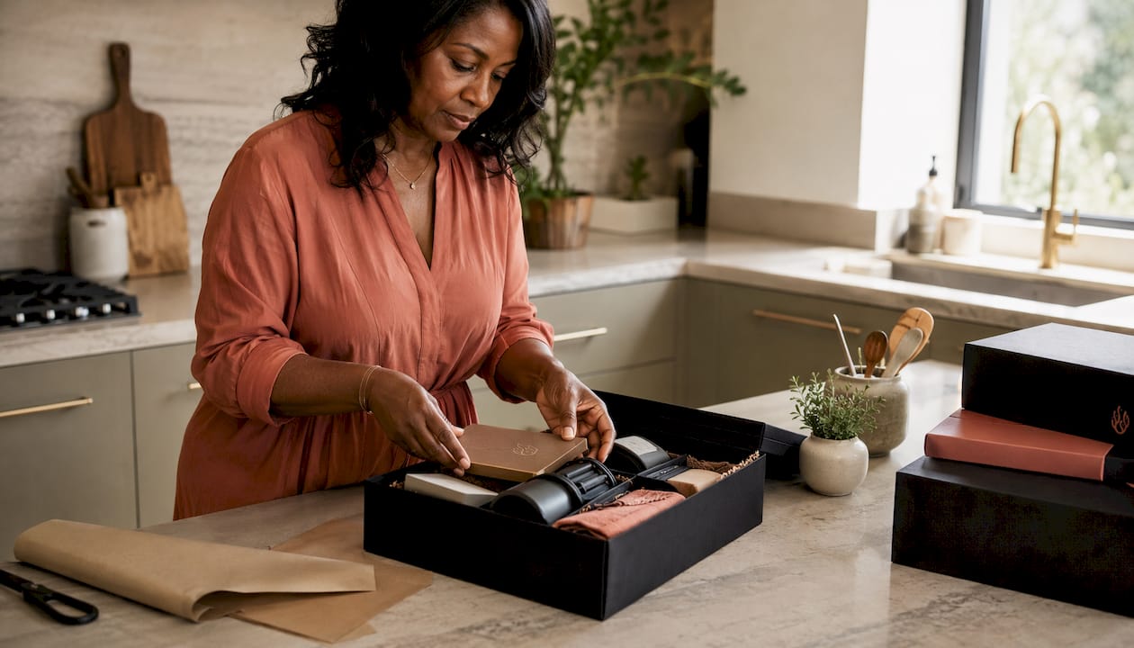 Woman carefully wrapping a corporate holiday gift