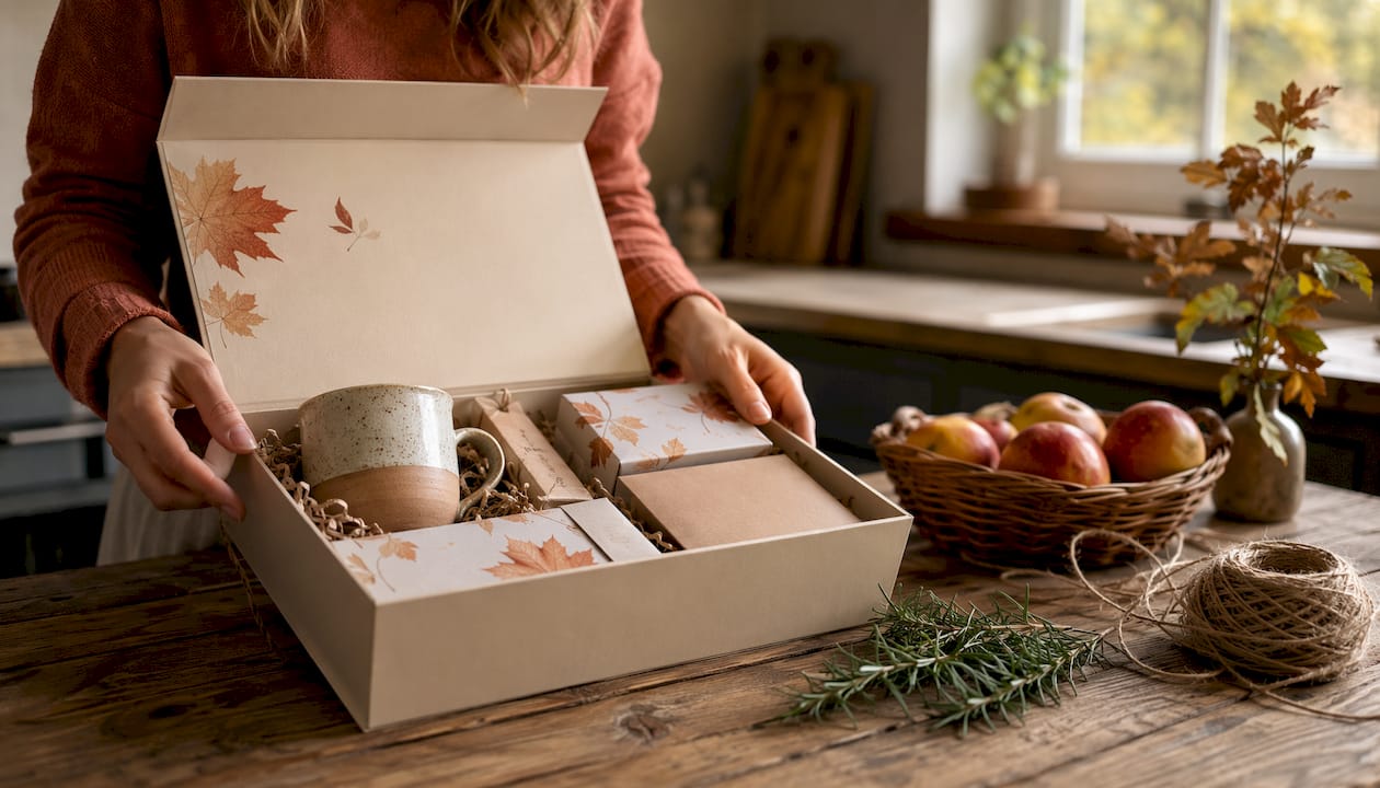 Hands assembling Thanksgiving gift box