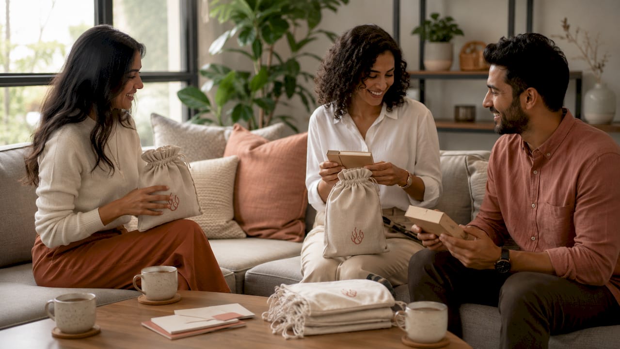 Small team exchanging personalized employee gifts