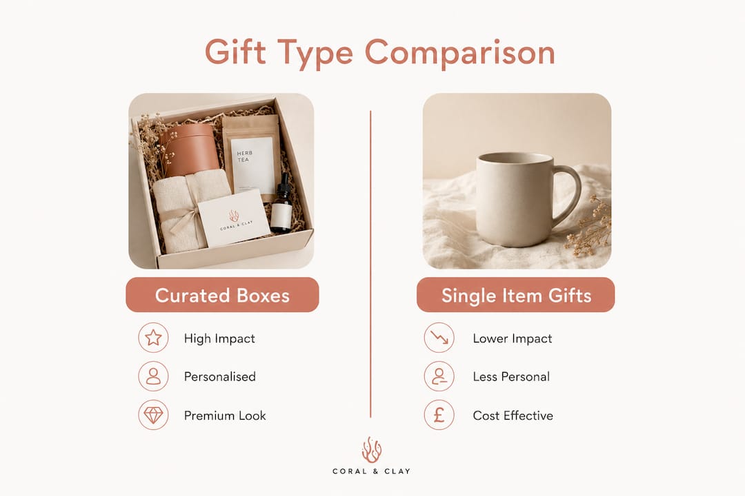 Infographic showing comparison of curated gift boxes and single item gifts