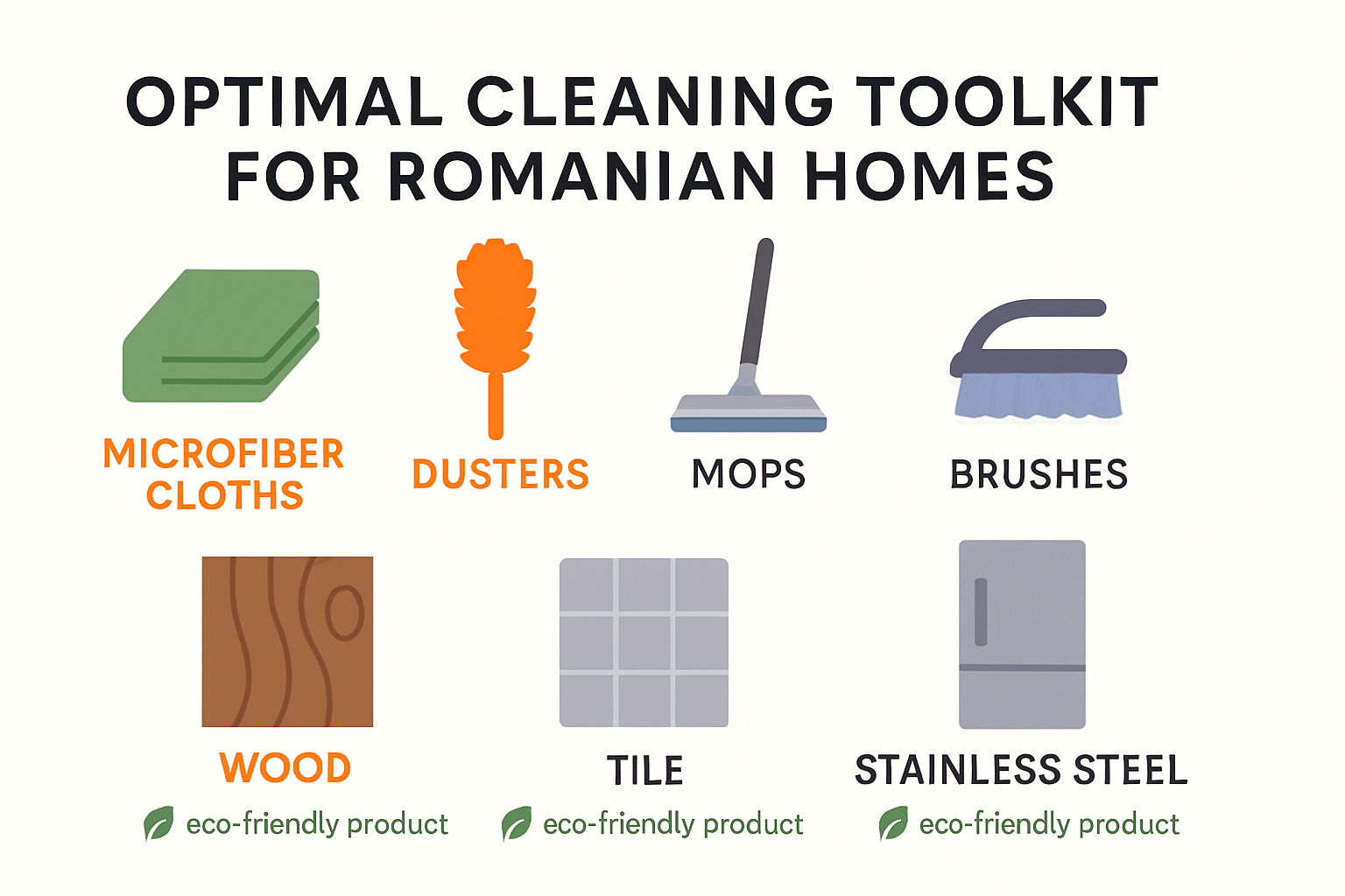 Infografic care prezintă instrumente și produse este ențiale de curatare în funcție de suprafață