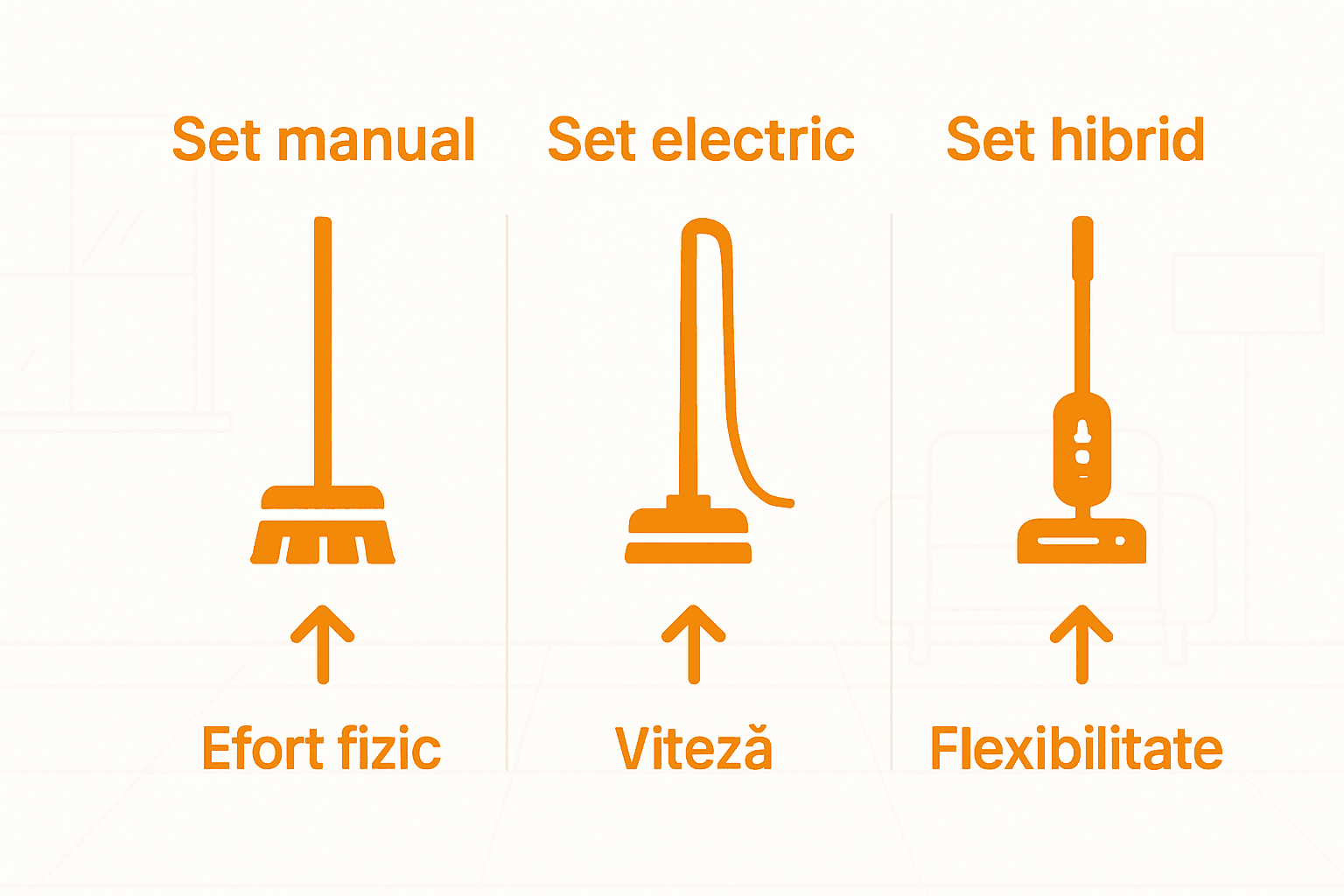 Comparație grafică între seturi de curățenie manuale, electrice și hibride