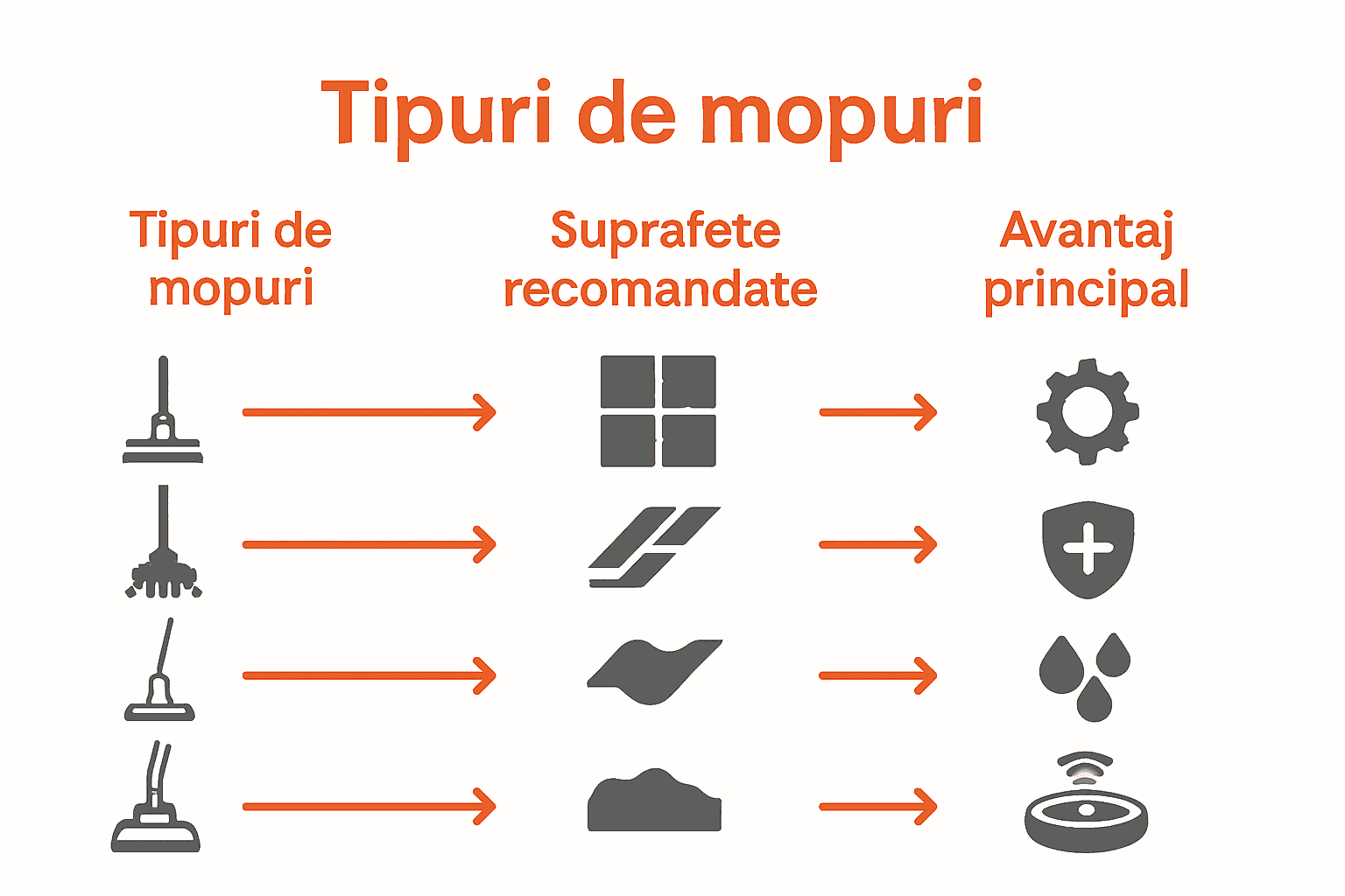 Infografic cu tipuri de mopuri, suprafețe recomandate și avantaje.