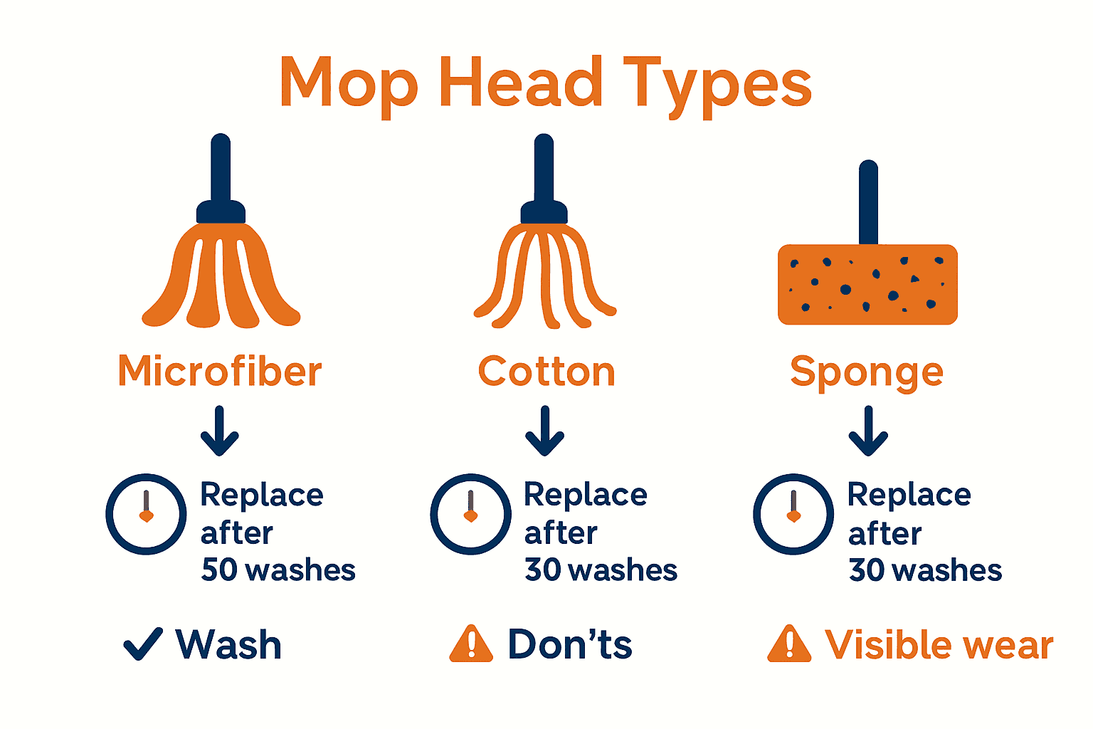 Infographic comparing longevity and care tips for microfiber, cotton, and sponge mop heads in preschools.