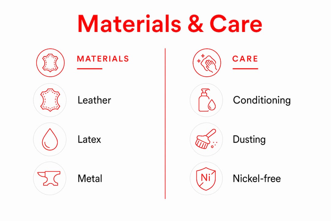 Infographic comparing BDSM clothing materials and care