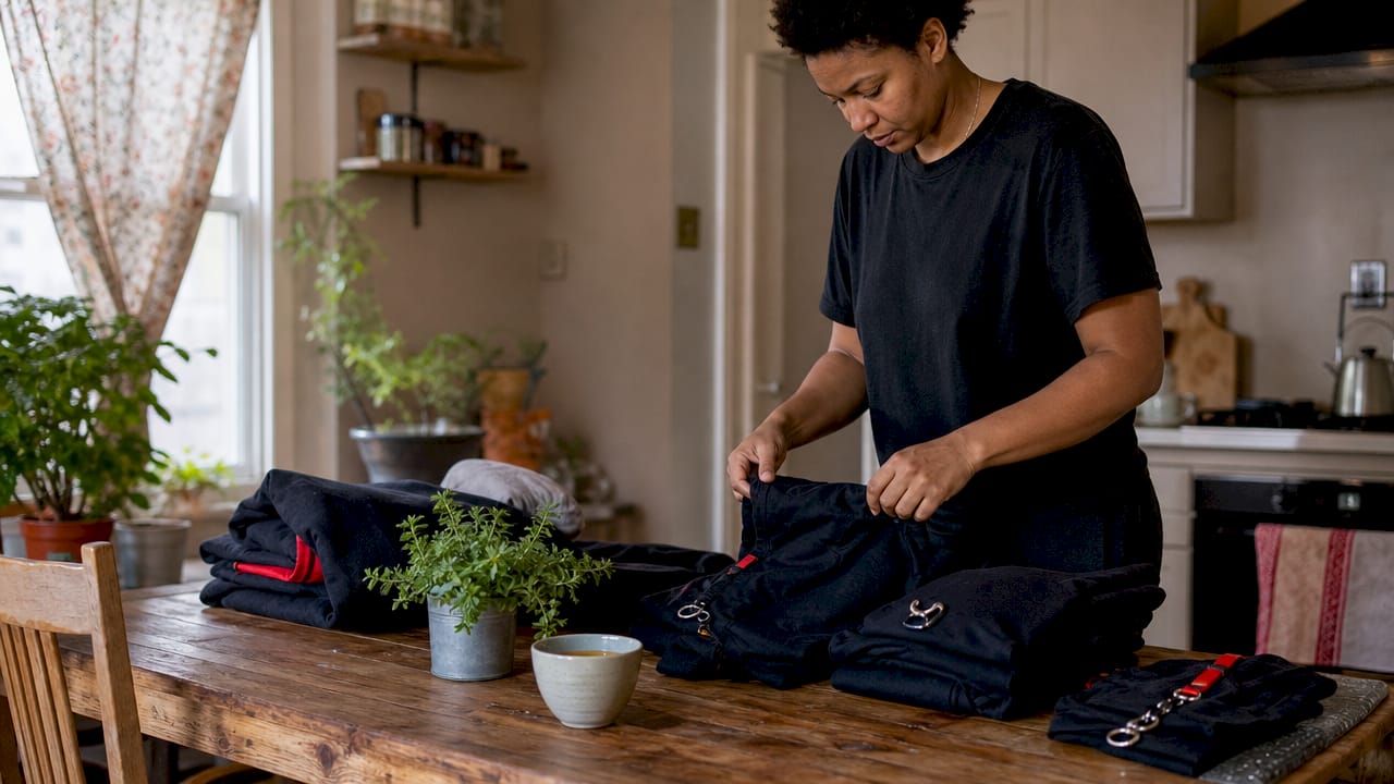 Person folding kink-themed casual clothes at home