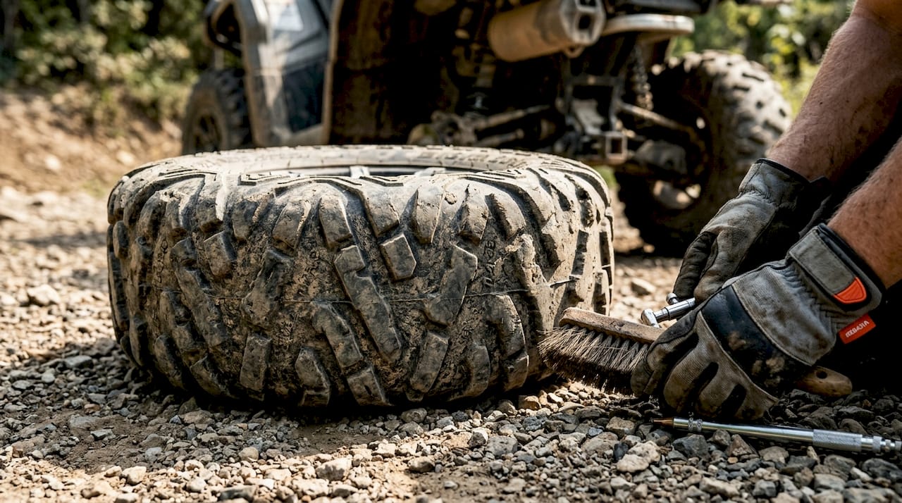 Close-up of ATV tire tread and maintenance tools outdoors