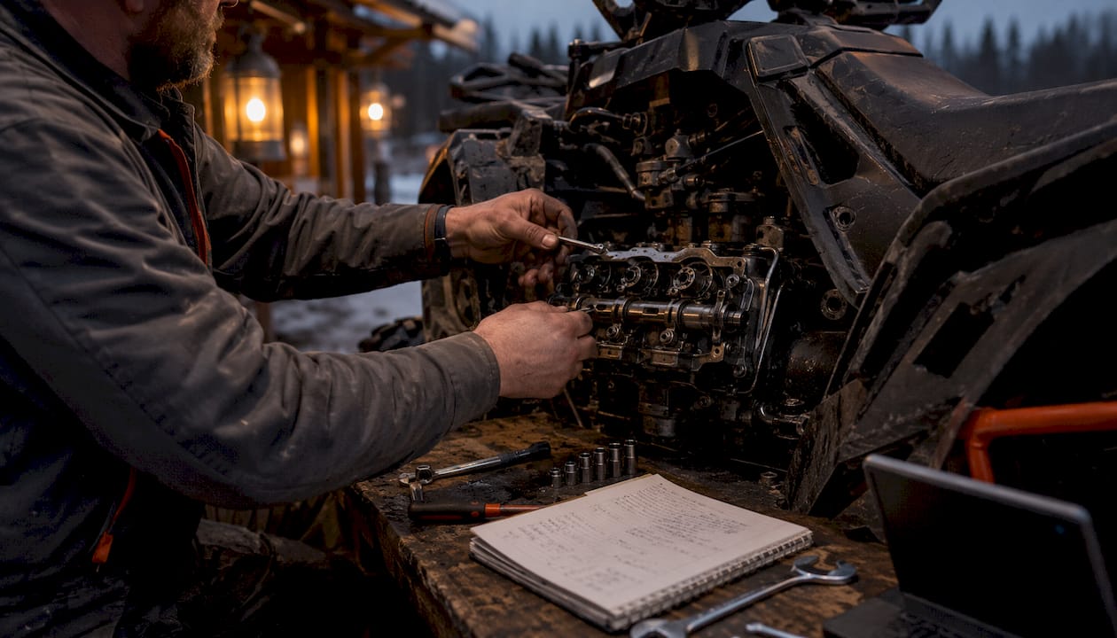 Mechanic adjusting ATV engine valves in workshop