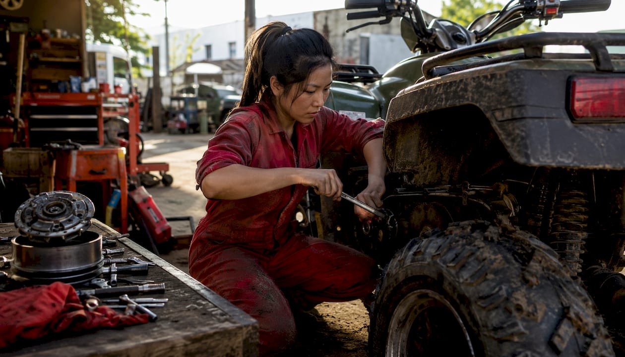 Female mechanic repairing Honda ATV drivetrain