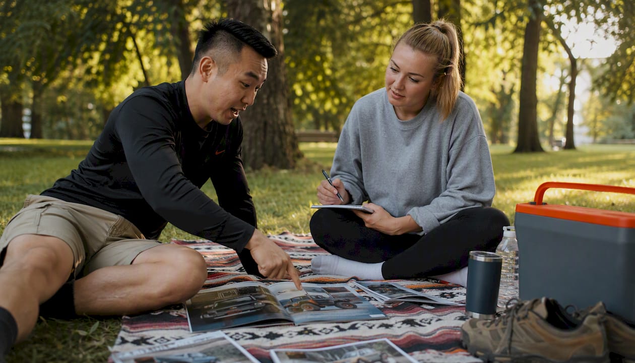 Two people discussing UTV brands outdoors