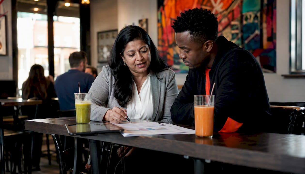 Two people comparing lender brochures at café