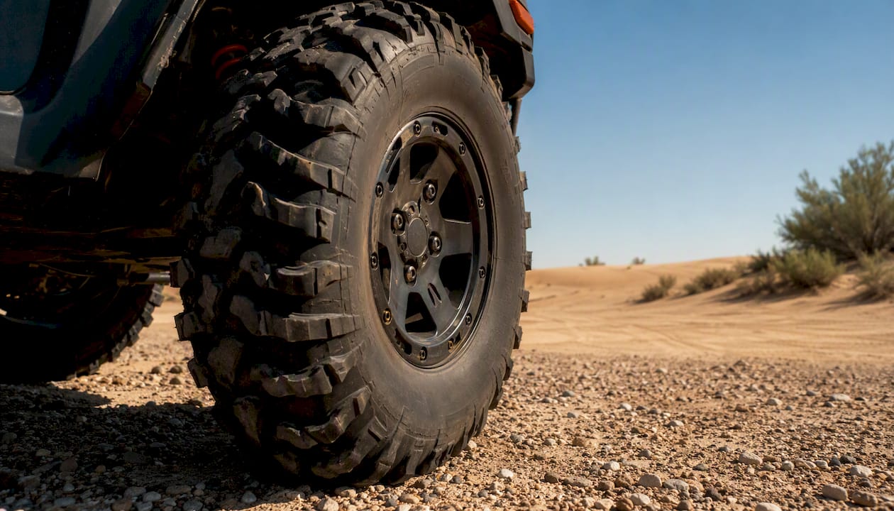 Close-up of mixed terrain ATV tire tread