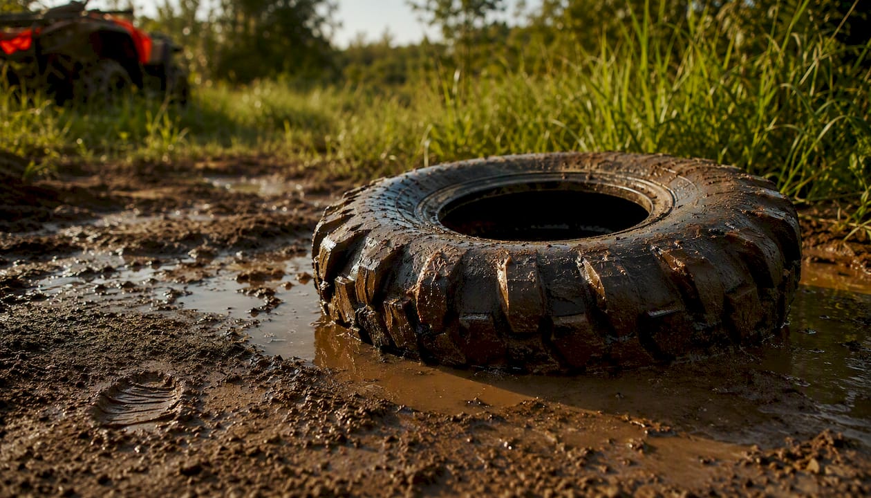 Mud terrain ATV tire with mud splashes on trail