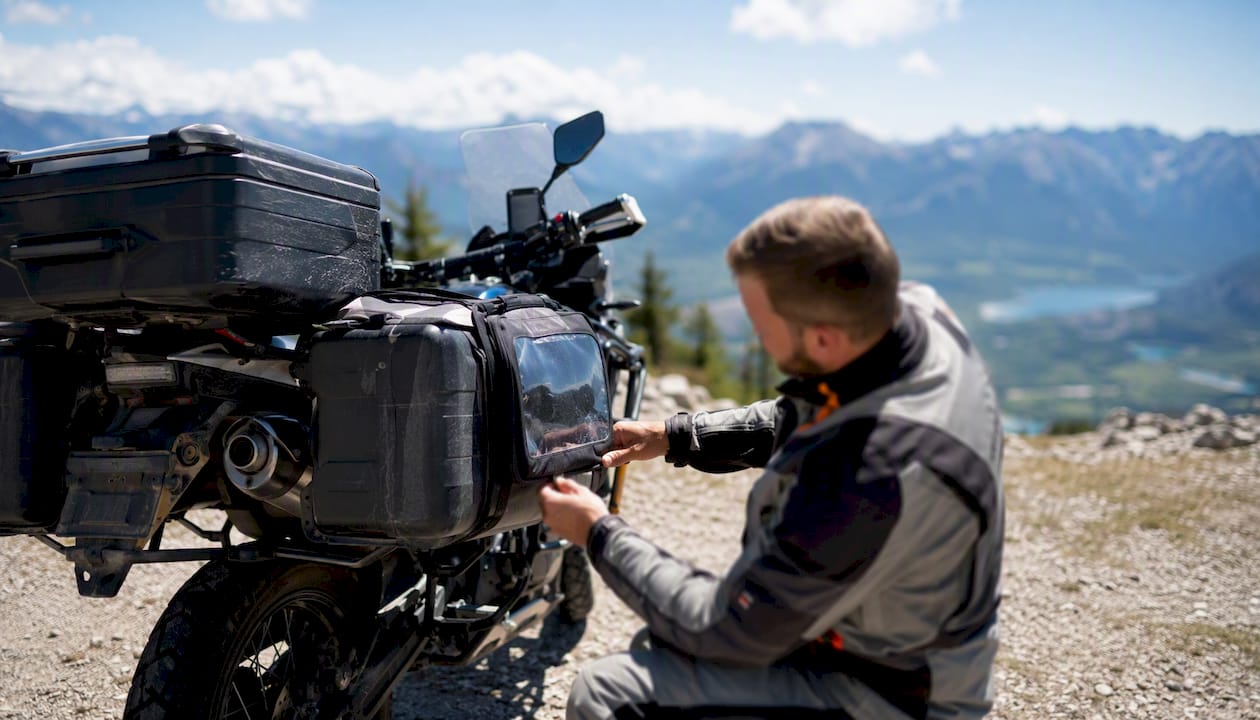Back of loaded adventure motorcycle and rider packing