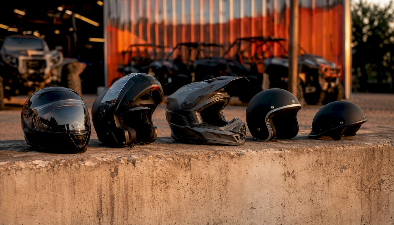 Variety of motorcycle helmet styles side by side
