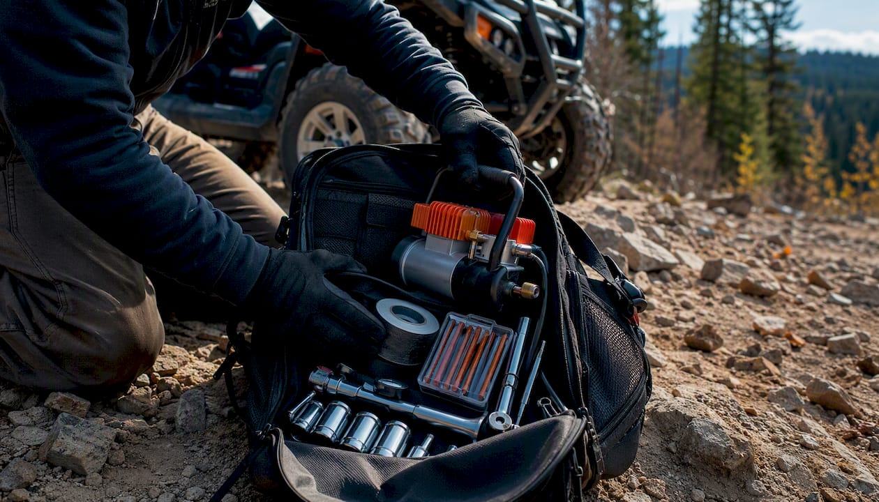 Hands packing ATV repair kit into backpack outdoors
