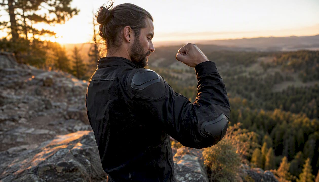 Rider bending arm showing armored jacket fit